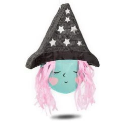 Cute Witch Pinata For Halloween Party Supplies Decorations, Silver Foil Stars Hat With Pink Hair, 16 X 13 X 3 In