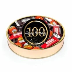 100th Birthday Sugar Free Candy Gift Tin Large Plastic Tin With Sticker And Hershey's Chocolate & Reese's Mix - By Just Candy