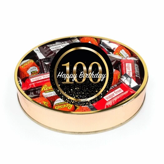 100th Birthday Sugar Free Candy Gift Tin Large Plastic Tin With Sticker And Hershey's Chocolate & Reese's Mix - By Just Candy 3 100th Birthday Sugar Free Candy Gift Tin Large Plastic Tin With Sticker And Hershey's Chocolate & Reese's Mix - By Just Candy