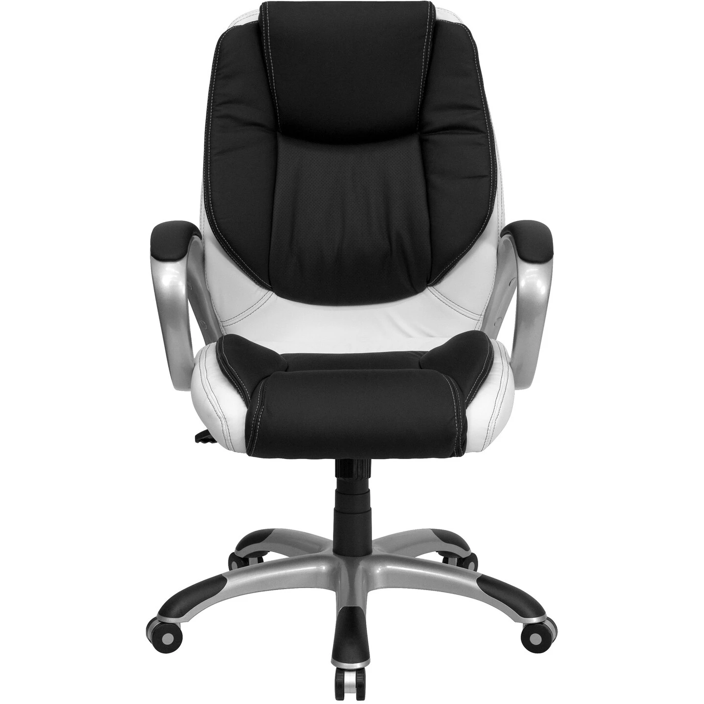 Flash Furniture 42.5” Black And White Mid-Back Leather Swivel Office Chair With Padded Loop Arms