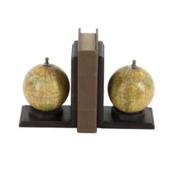 8" Rustic Brown Wood Globe Bookends -Optima Home Decor Store D494232S 2