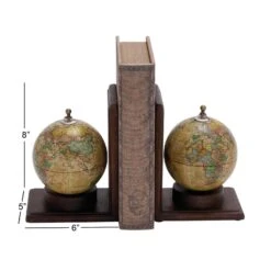 8" Rustic Brown Wood Globe Bookends -Optima Home Decor Store D494232S 8